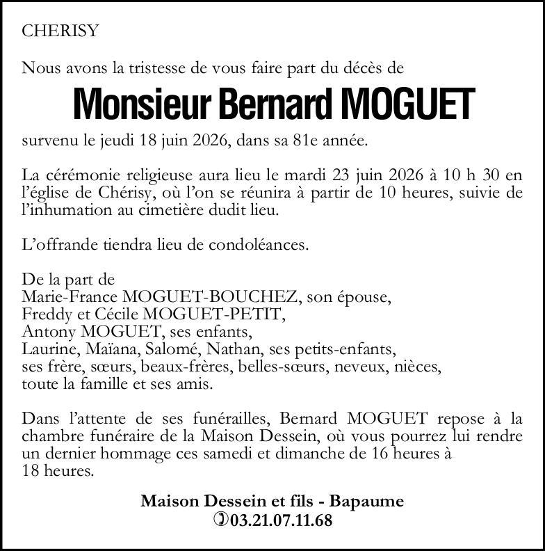 Avis de décès - Monsieur Bernard MOGUET