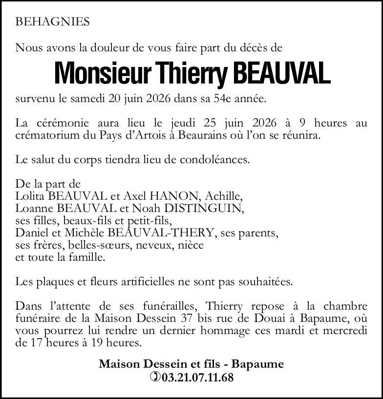 Avis de décès - Monsieur Thierry BEAUVAL