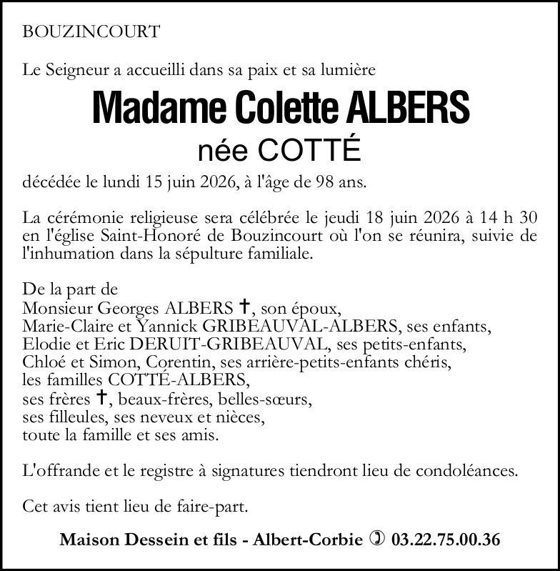 Avis de décès de MMe ALBERS Colette