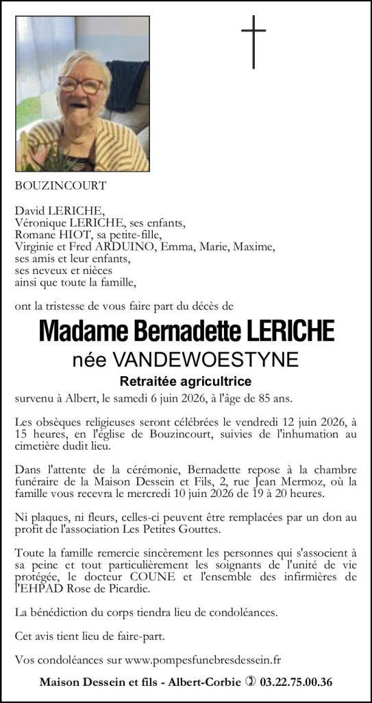 Avis de décès de Madame Bernadette LERICHE née VANDEWOESTYNE