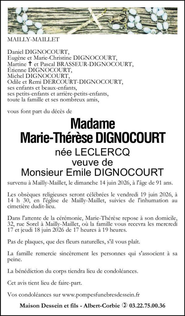 Avis de décès de Madame Marie-Thérèse DIGNOCOURT