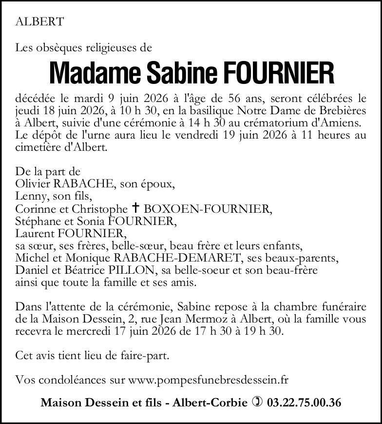 Avis de décès de Madame Sabine FOURNIER