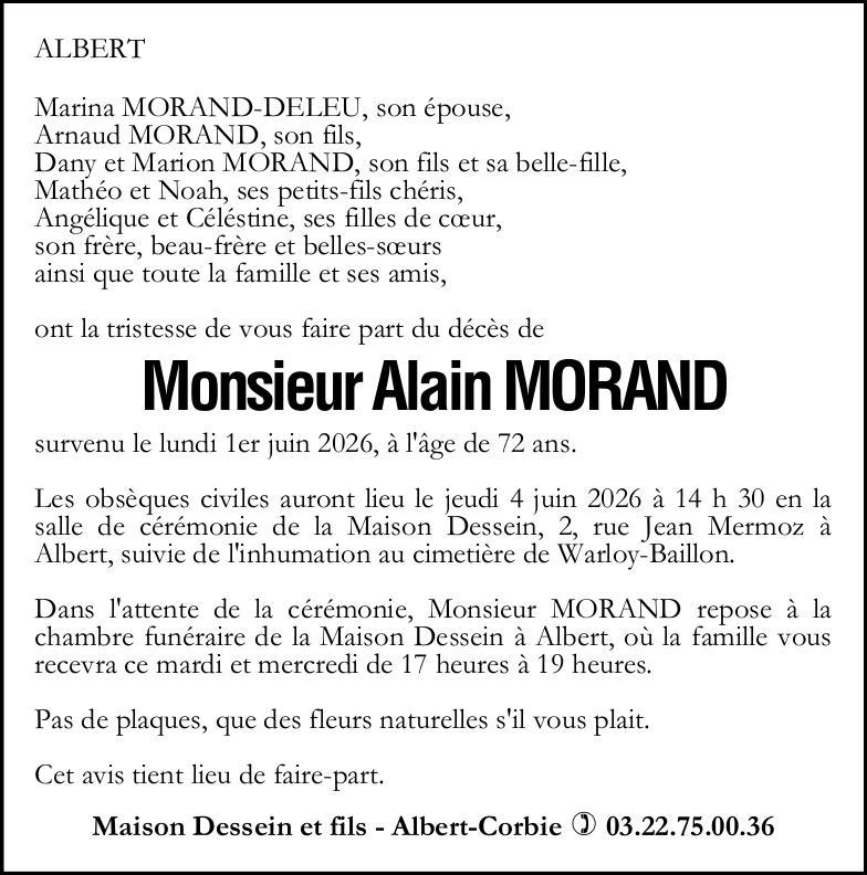 Avis de décès de Monsieur Alain MORAND