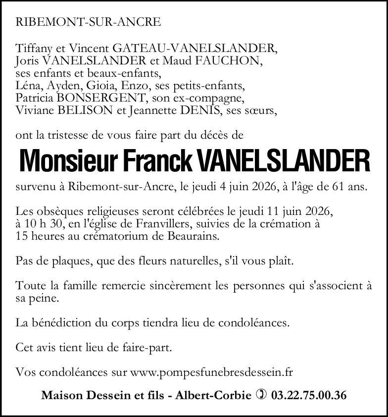 Avis de décès de Monsieur Franck VANELSLANDER