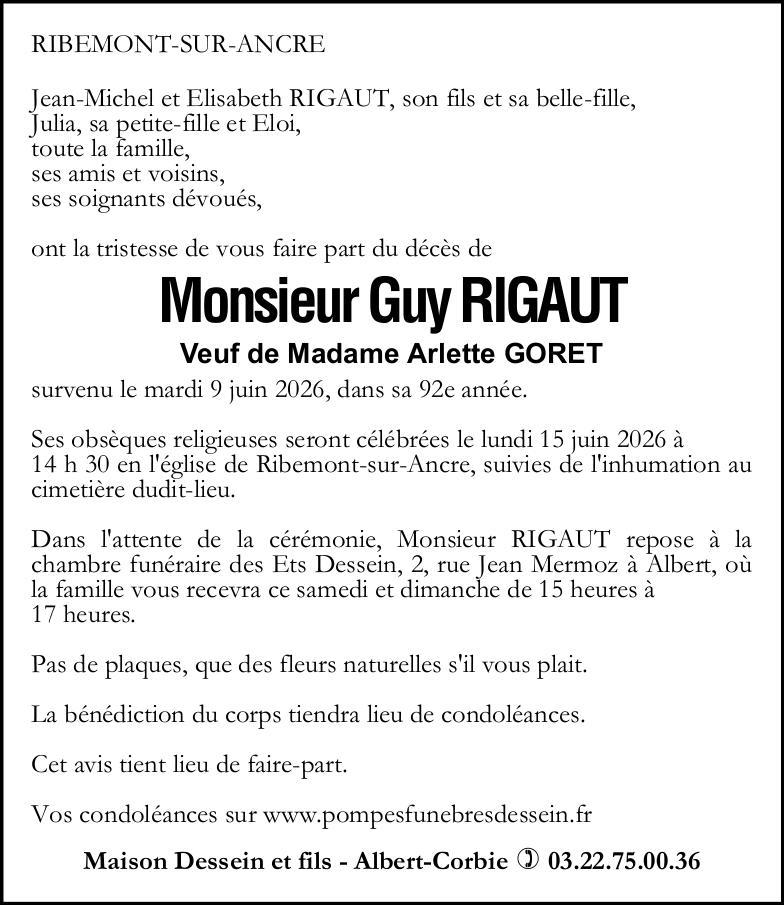 Avis de décès de Monsieur Guy RIGAUT