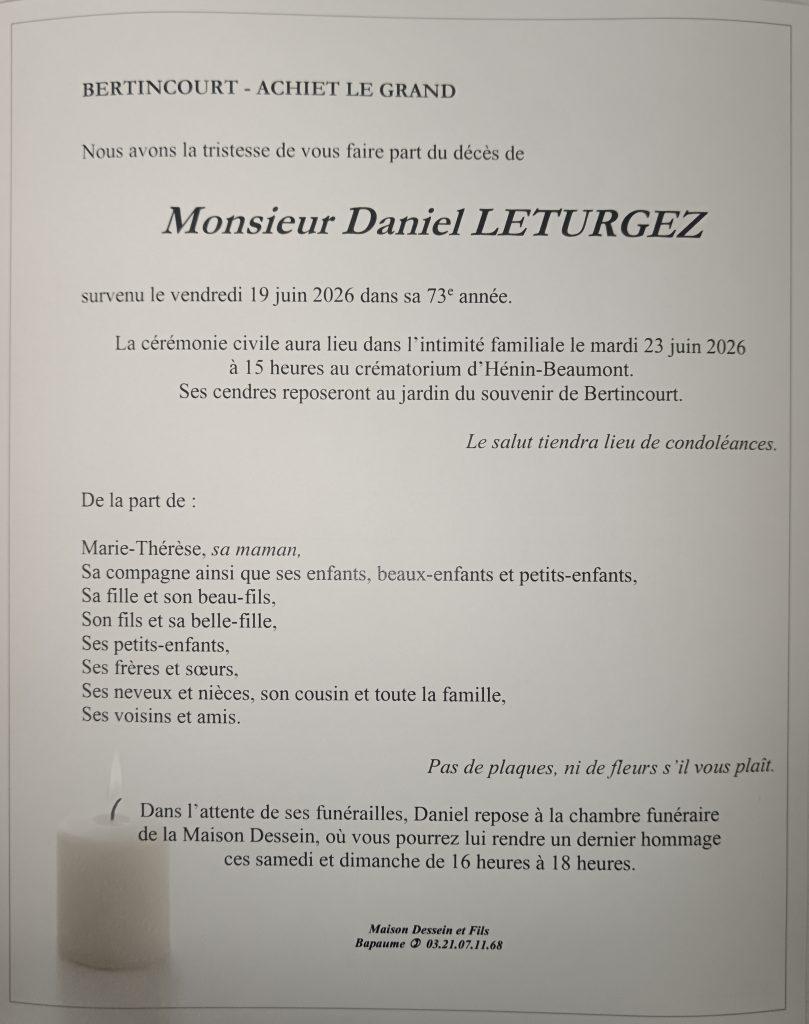 avis de décès - Monsieur Daniel LETURGEZ