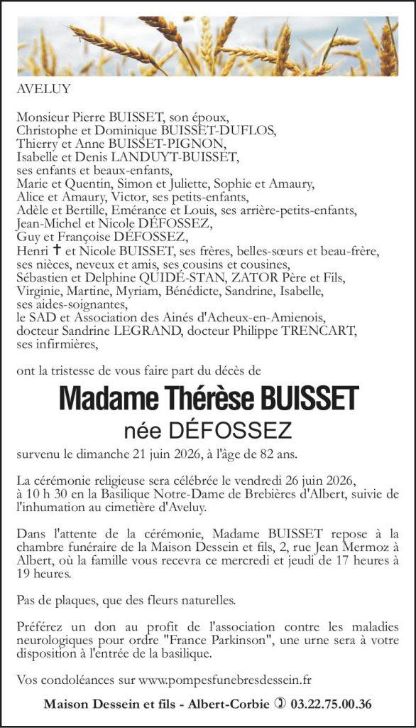avis de décès de Madame Thérèse BUISSET née DÉFOSSEZ