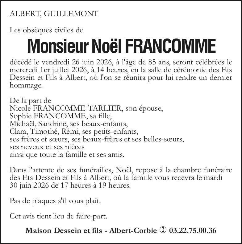 avis de décès de Monsieur Noel FRANCOMME