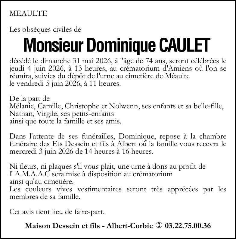 Avis de décès de Monsieur Dominique CAULET