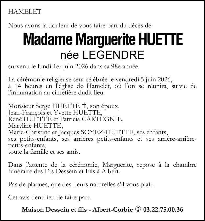 avis de décès de Madame Marguerite HUETTE née LEGENDRE