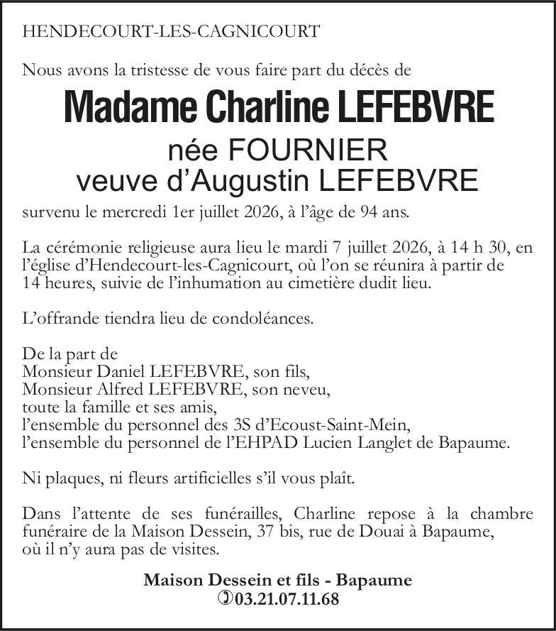 Avis de décès - Madame Charline LEFEBVRE née FOURNIER