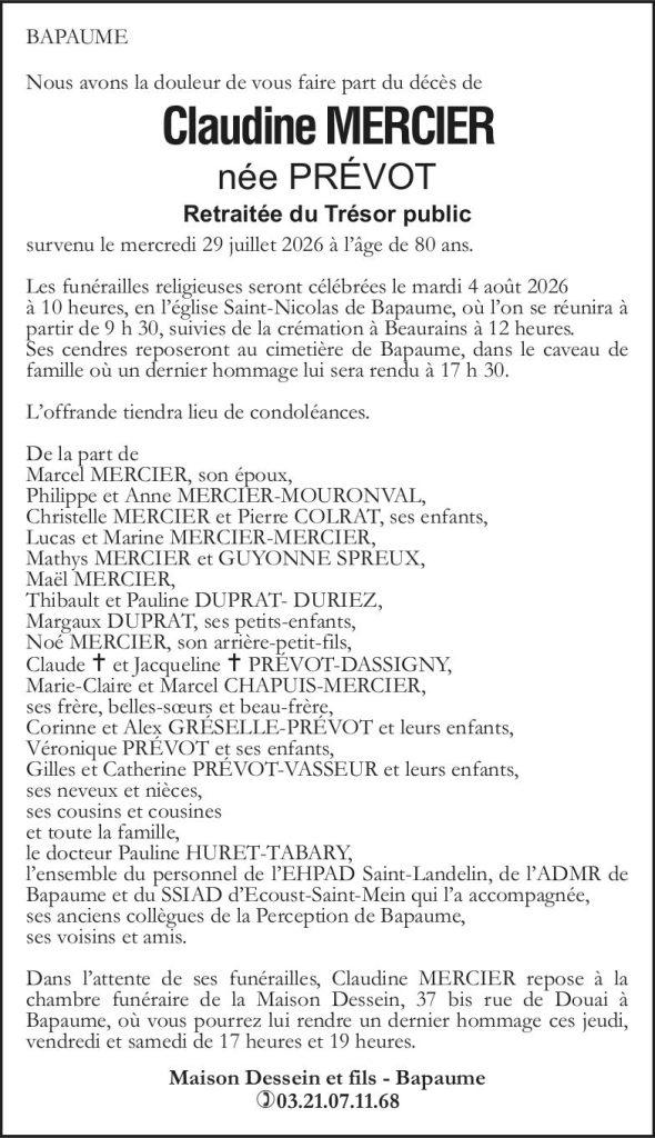 Avis de décès - Madame Claudine MERCIER née PREVOT