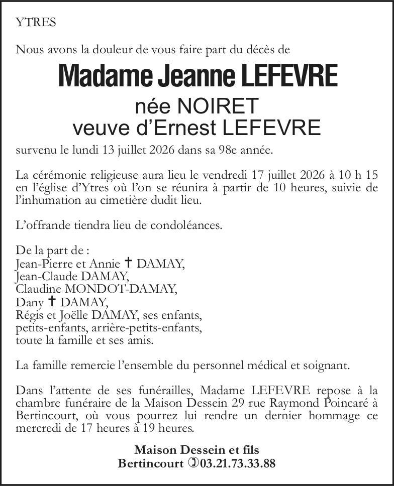 Avis de décès - Madame Jeanne LEFEVRE née NOIRET