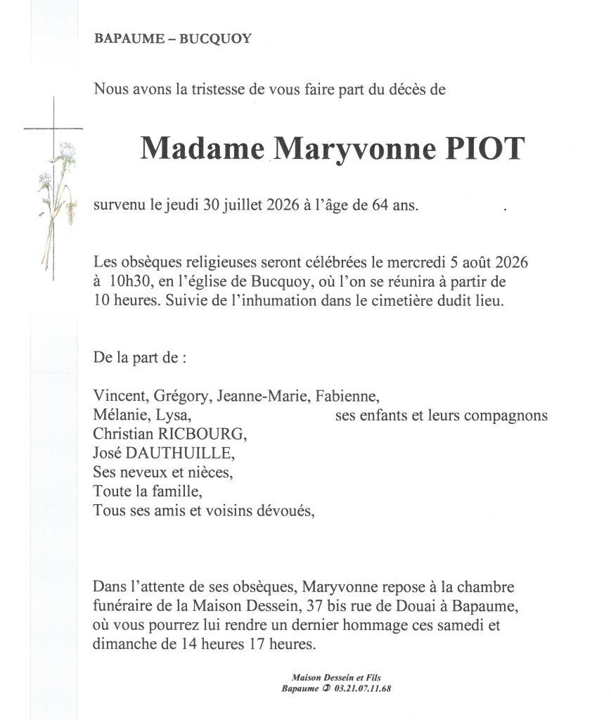 Avis de décès - Madame Maryvonne PIOT