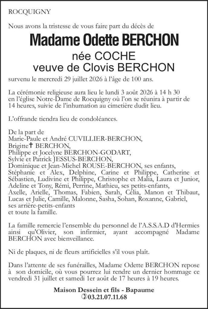 Avis de décès - Madame Odette BERCHON née COCHE