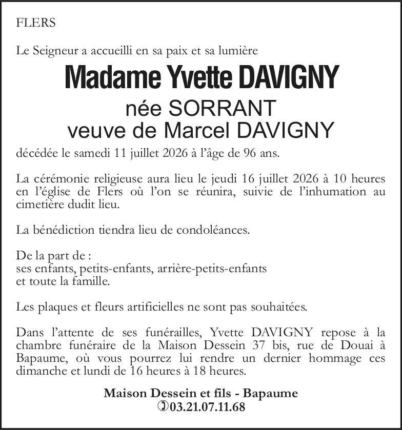 Avis de décès - Madame Yvette DAVIGNY née SORRANT