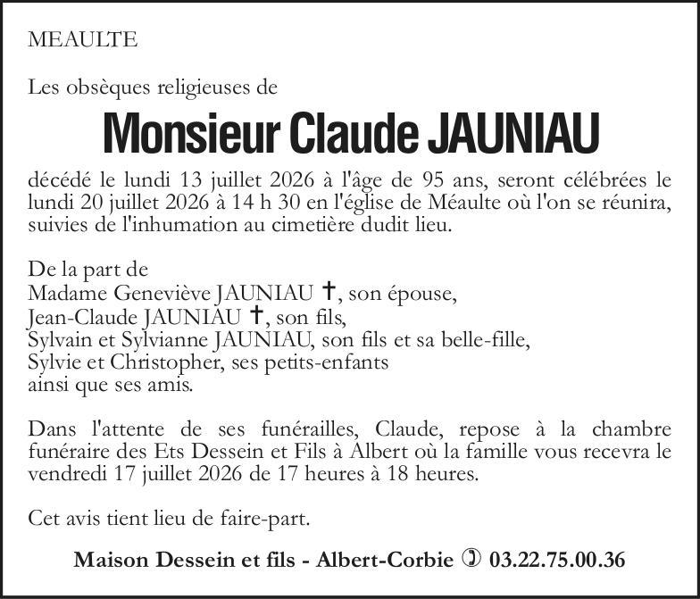 Avis de décès Monsieur JAUNIAU Claude