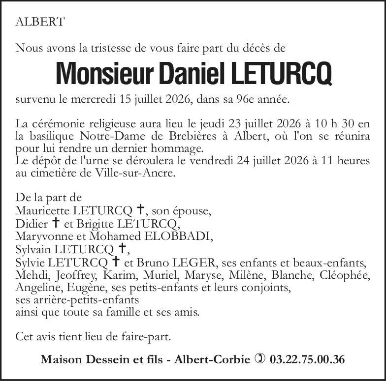 Avis de décès Monsieur LETURCQ Daniel
