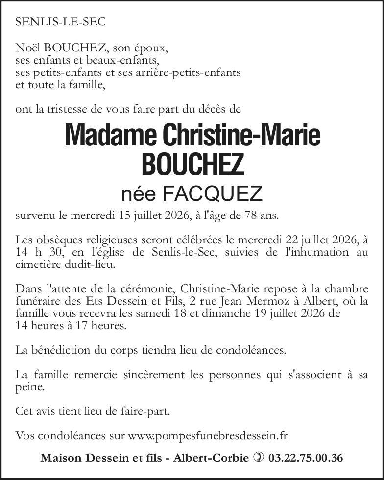 Avis de décès de Madame Christine-Marie BOUCHEZ née FACQUEZ