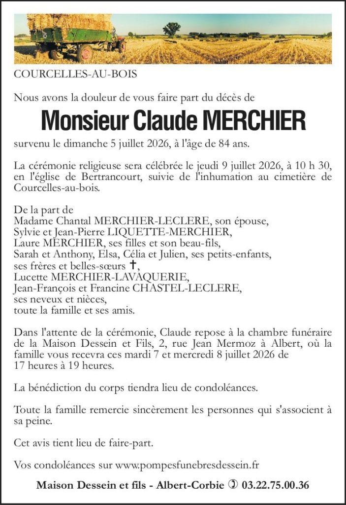 Avis de décès de Monsieur Claude MERCHIER