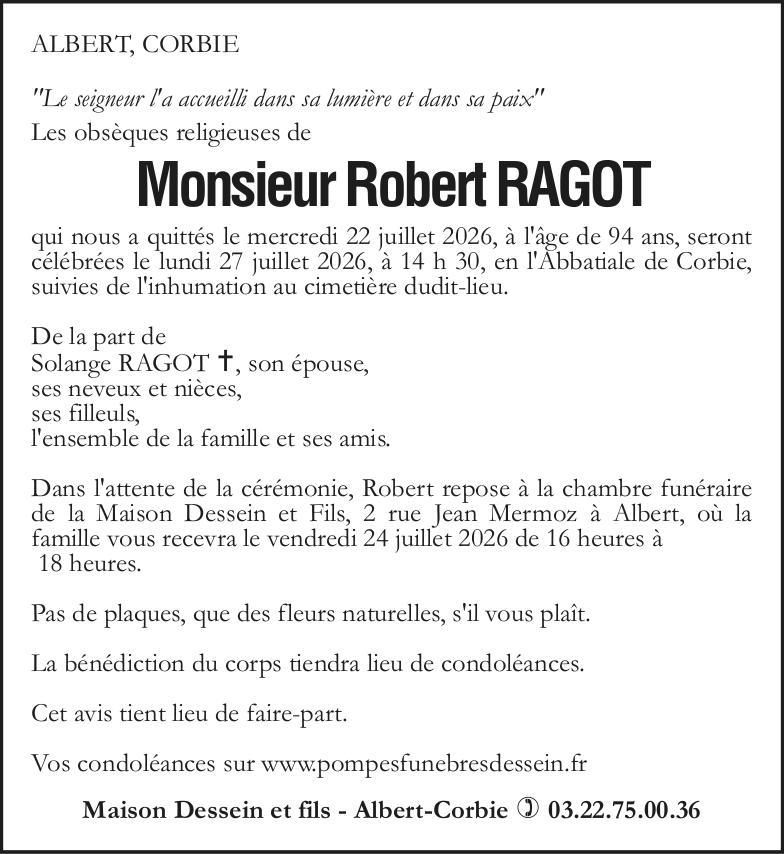 Avis de décès de Monsieur Robert RAGOT