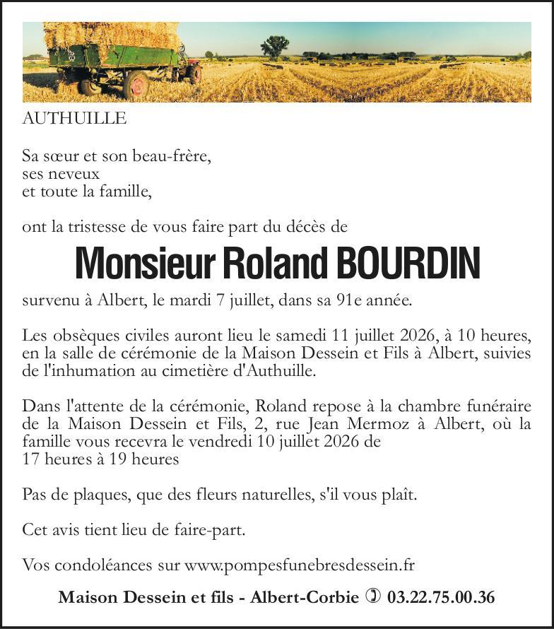 Avis de décès de Monsieur Roland BOURDIN