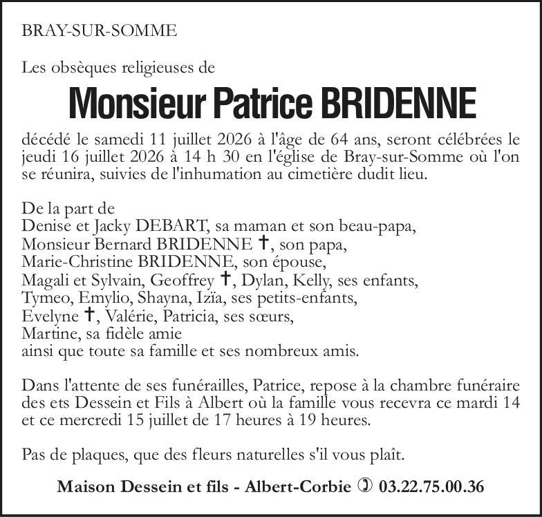 avis de décès de Monsieur BRIDENNE