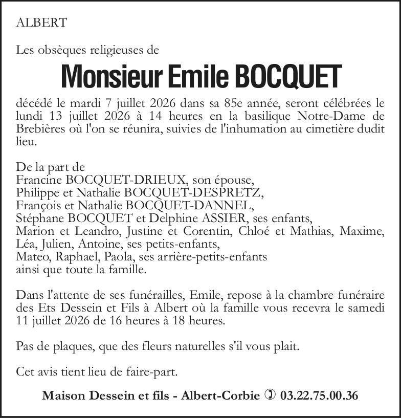 avis de décès de Monsieur Emile BOCQUET