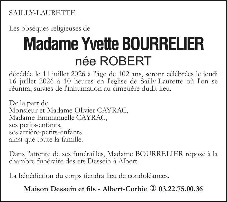 Avis de décès Yvette BOURRELIER