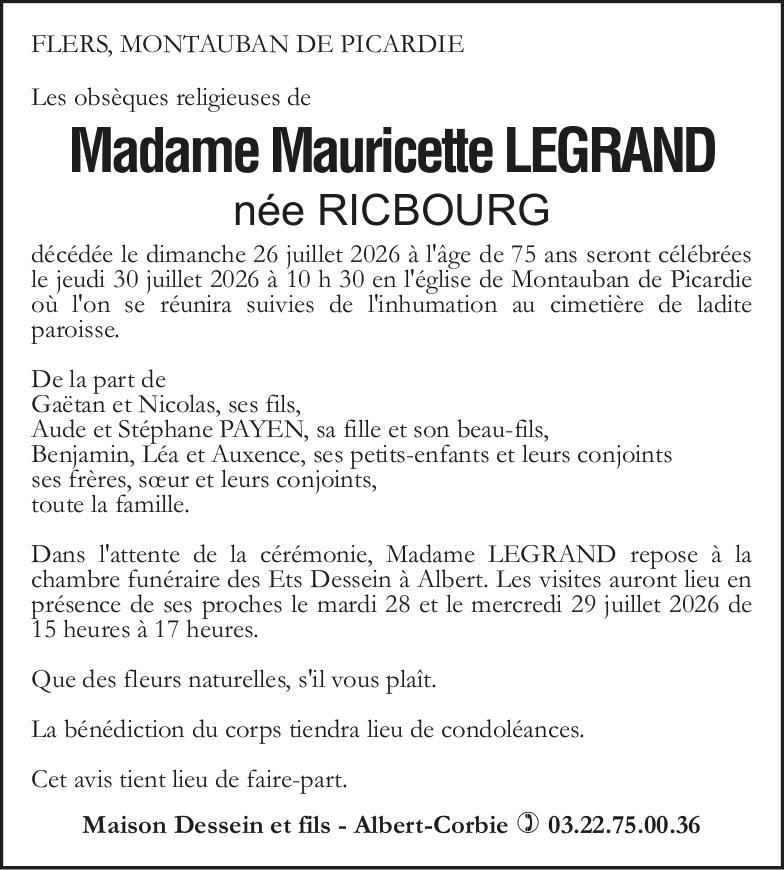 Avis de décès Madame Mauricette LEGRAND