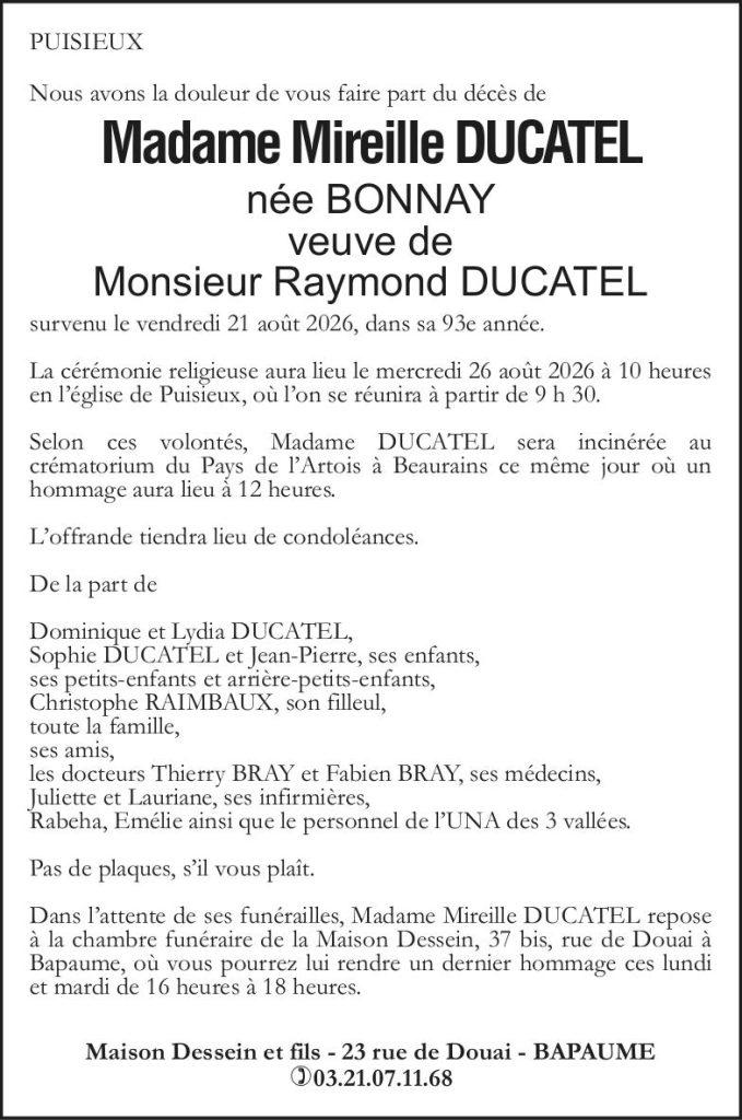 Avis de décès - Madame Mireille DUCATEL née BONNAY