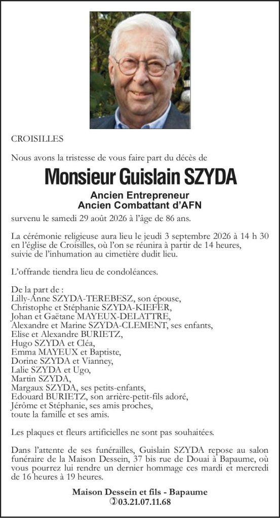Avis de décès - Monsieur Guislain SZYDA