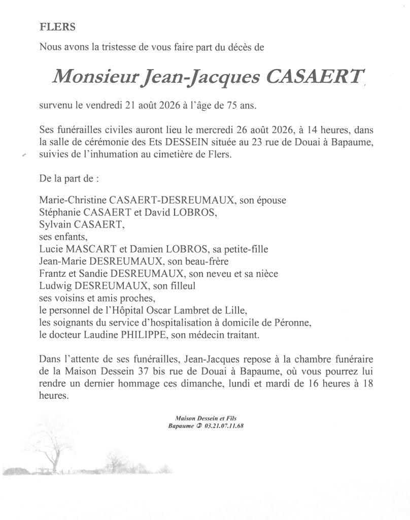 Avis de décès - Monsieur Jean-Jacques CASAERT