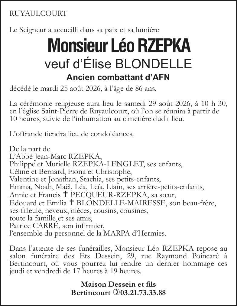 Avis de décès - Monsieur Léo RZEPKA