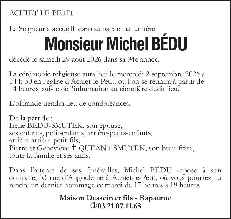 Avis de décès - Monsieur Michel BEDU