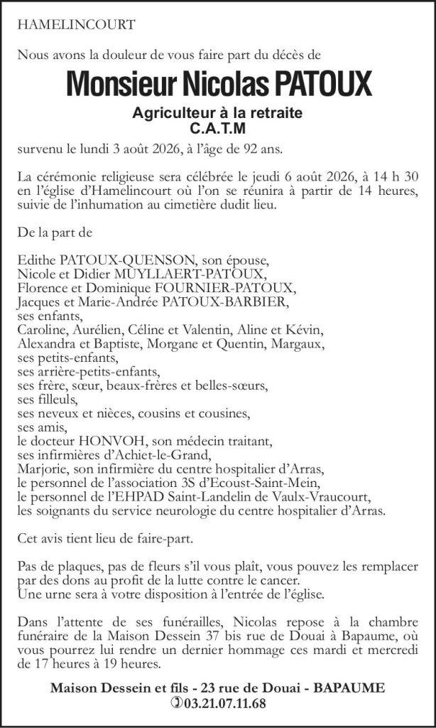 Avis de décès - Monsieur Nicolas PATOUX