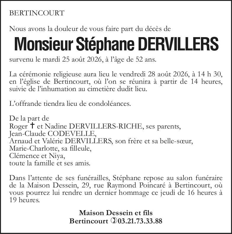 Avis de décès - Monsieur Stéphane DERVILLERS