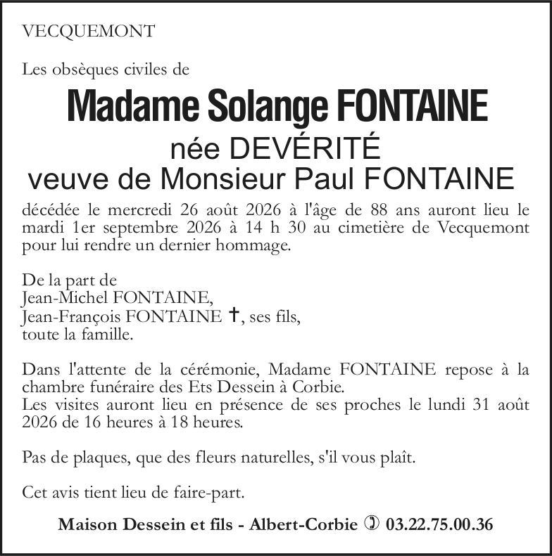 Avis de décès Solange FONTAINE