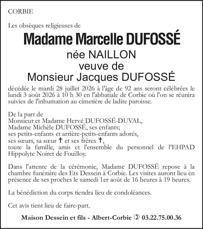 Avis de décès de Madame Marcelle DUFOSSÉ née NAILLON