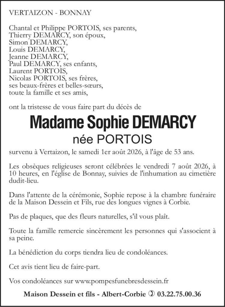 Avis de décès de Madame Sophie DEMARCY née PORTOIS