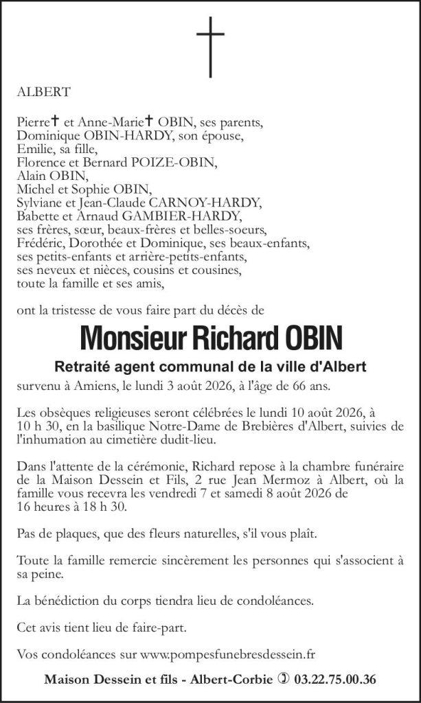 Avis de décès de Monsieur Richard OBIN