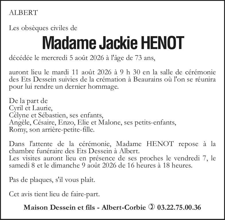 avis de décès de Madame Jackie HENOT