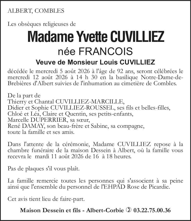 avis de décès de Mme Yvette CUVILLIEZ