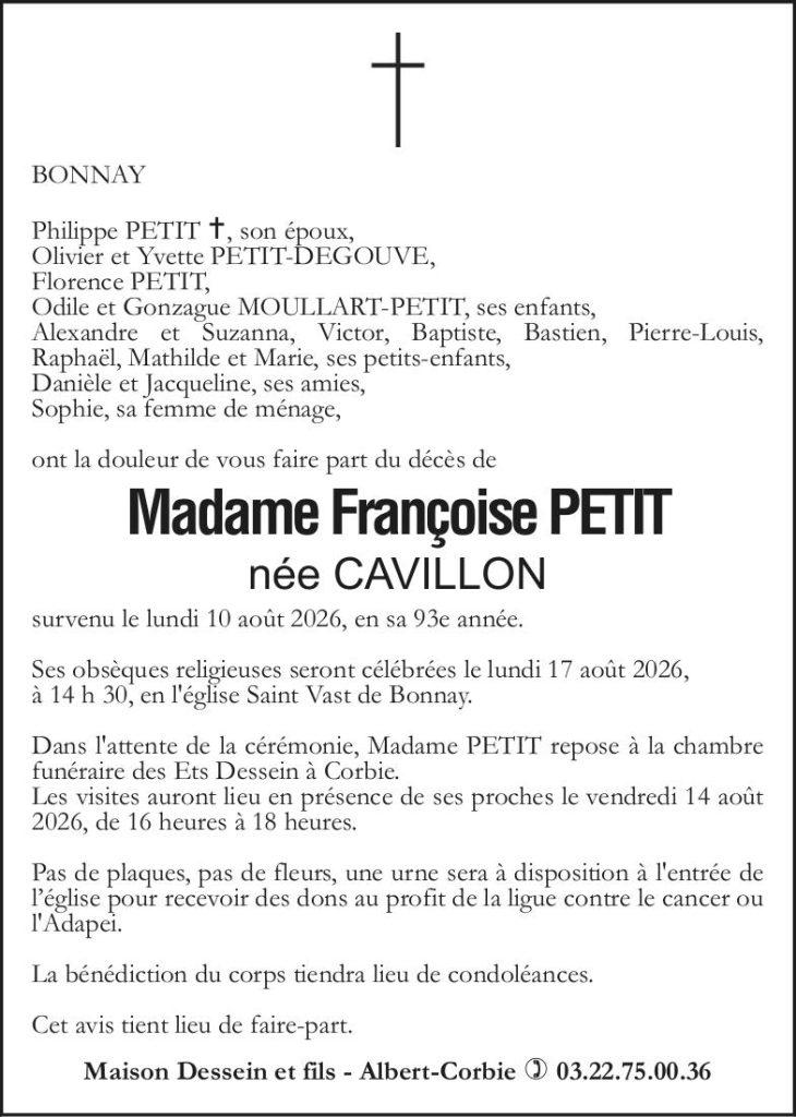 avis de décès de mme francoise petit née cavillon