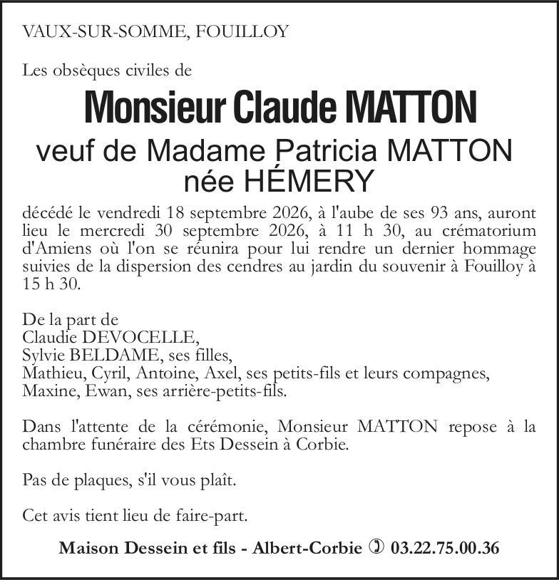 Avis de décès Claude MATTON