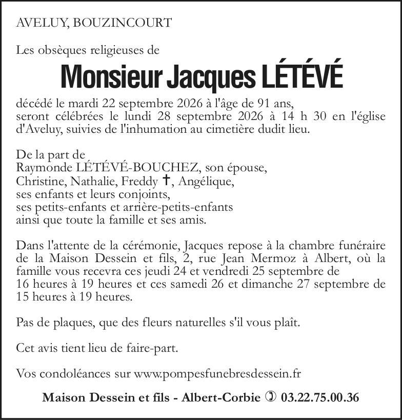 Avis de décès Jacques LÉTÉVÉ