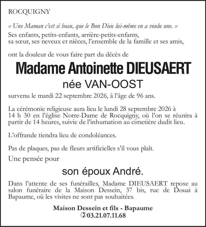 Avis de décès - Madame Antoinette DIEUSAERT née VANOOST