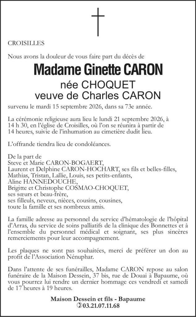 Avis de décès - Madame Ginette CARON née CHOQUET