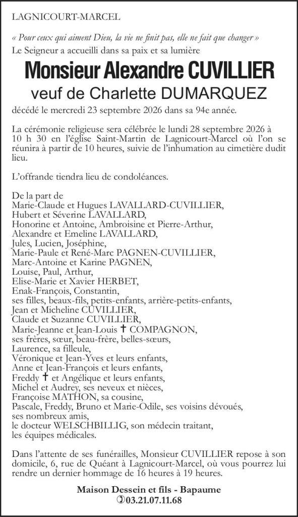 Avis de décès - Monsieur Alexandre CUVILLIER