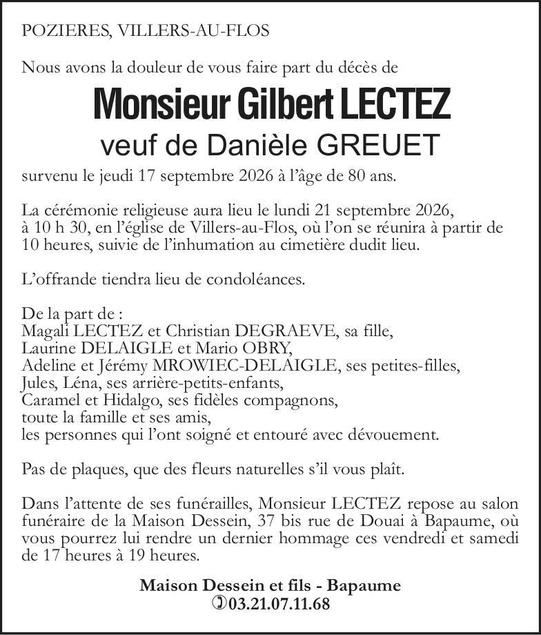 Avis de décès - Monsieur Gilbert LECTEZ